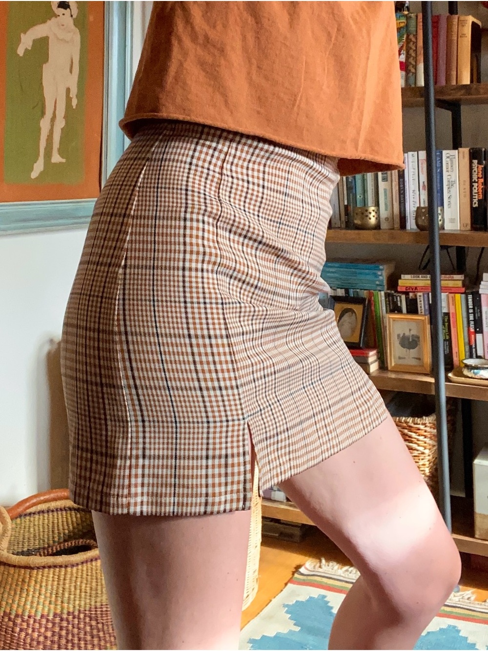 Plaid Retro Mini Skirt in Brown, Navy, & Cream
